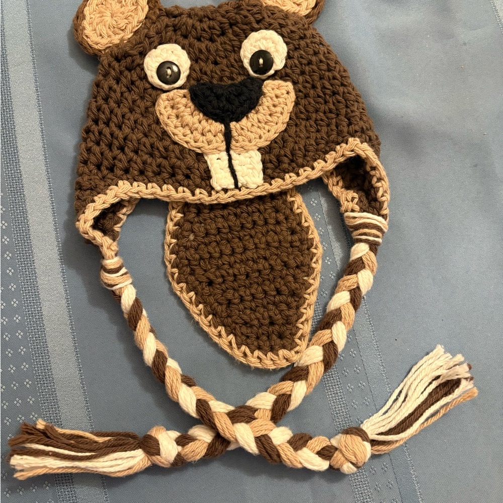 Beaver Hat Boys Girls Summer fun Brown Crochet Knit Adorable Cute Tail